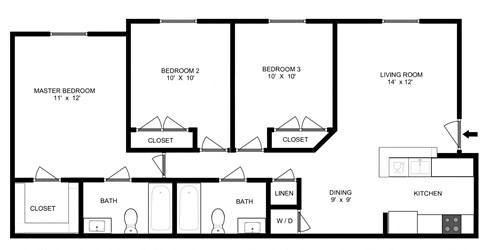 Floor plan for 3 beds, 2 baths, 1015 sqft